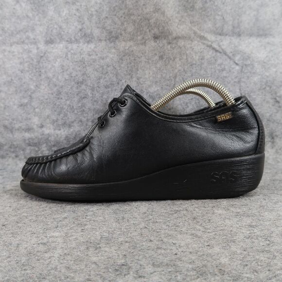 Sas Shoes Womens 9 Bounce Lace Up Moc Comfort Classic Leather Black Career Wedge - Picture 4 of 15